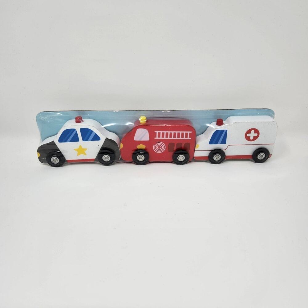 Fire Rescue Safety Police, Fire and Ambulance Wooden Car Truck Train Set